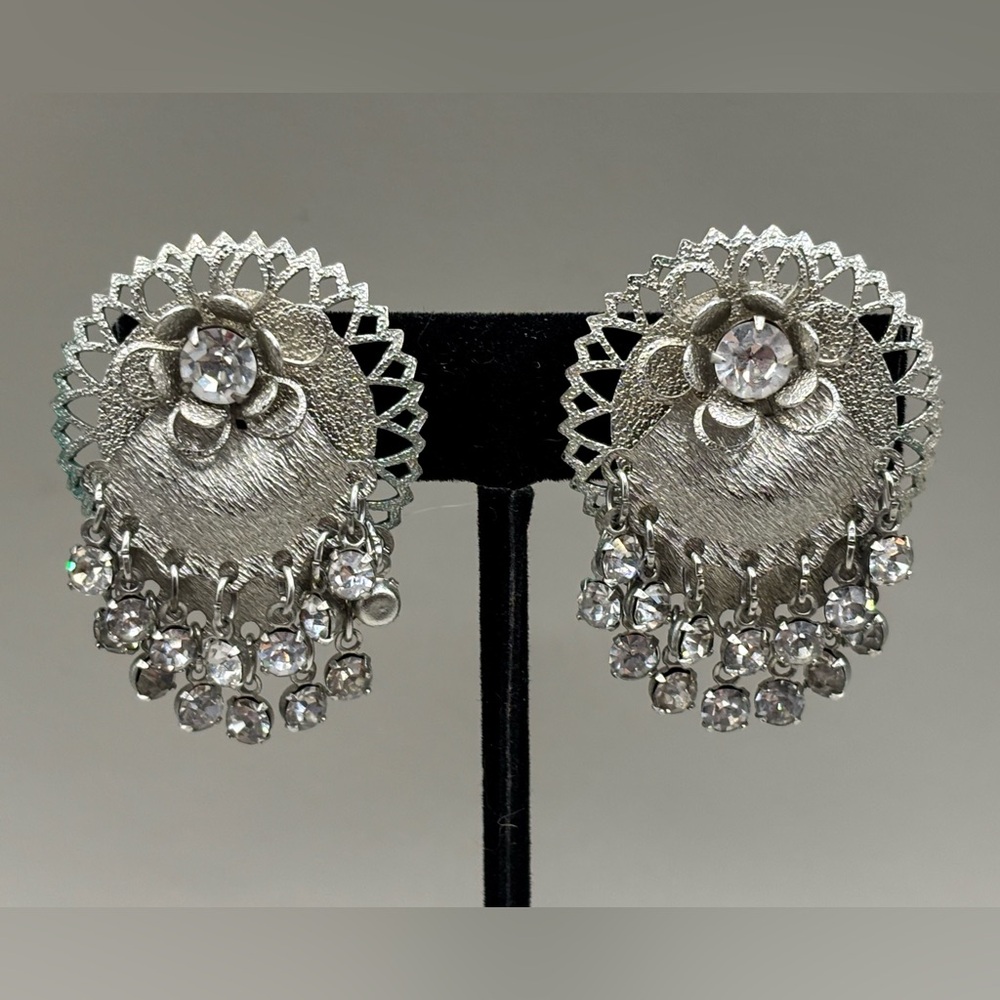 Vintage Sarah Coventry ? Silver Rhinestone Waterfall Cascade Clip Earrings